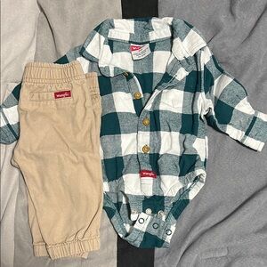 Wrangler Green Plaid Onesie and Tan Pants Set